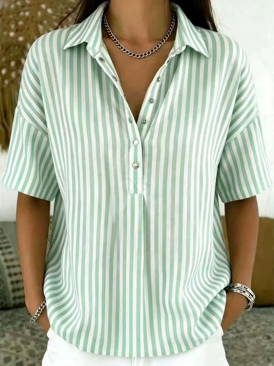 Women's Collared Short Sleeve Striped Loose Shirt