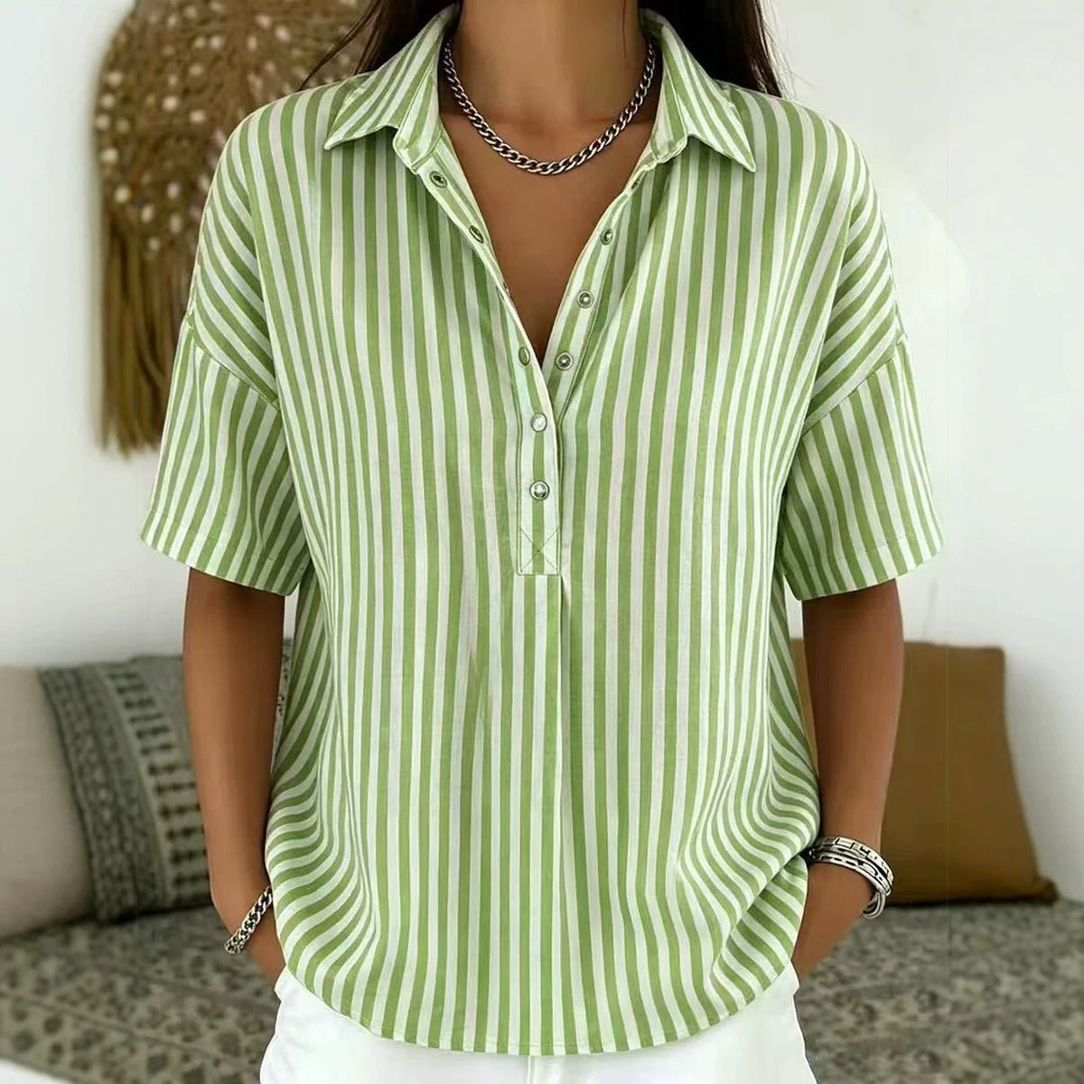 Women's Collared Short Sleeve Striped Loose Shirt