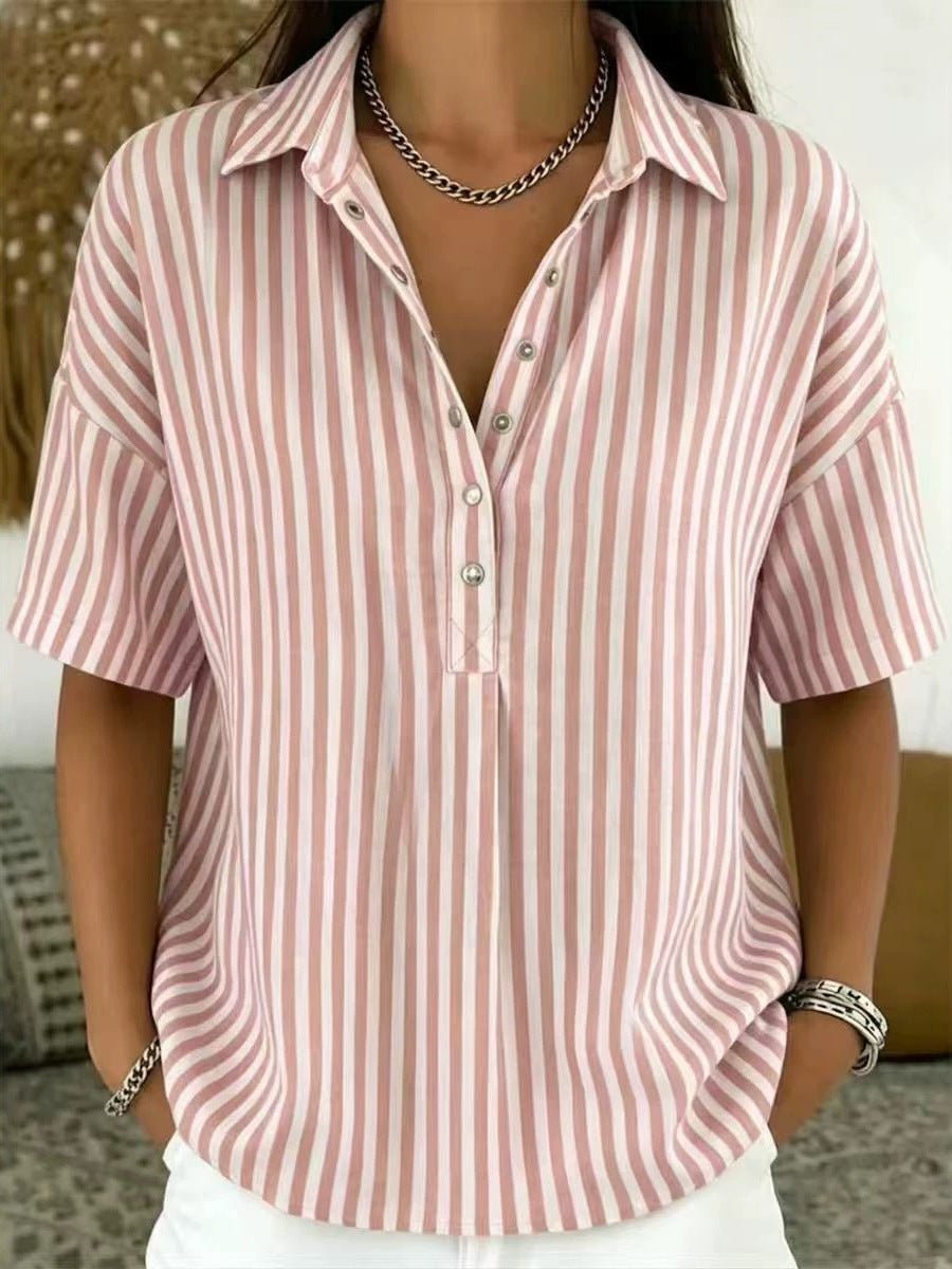 Women's Collared Short Sleeve Striped Loose Shirt