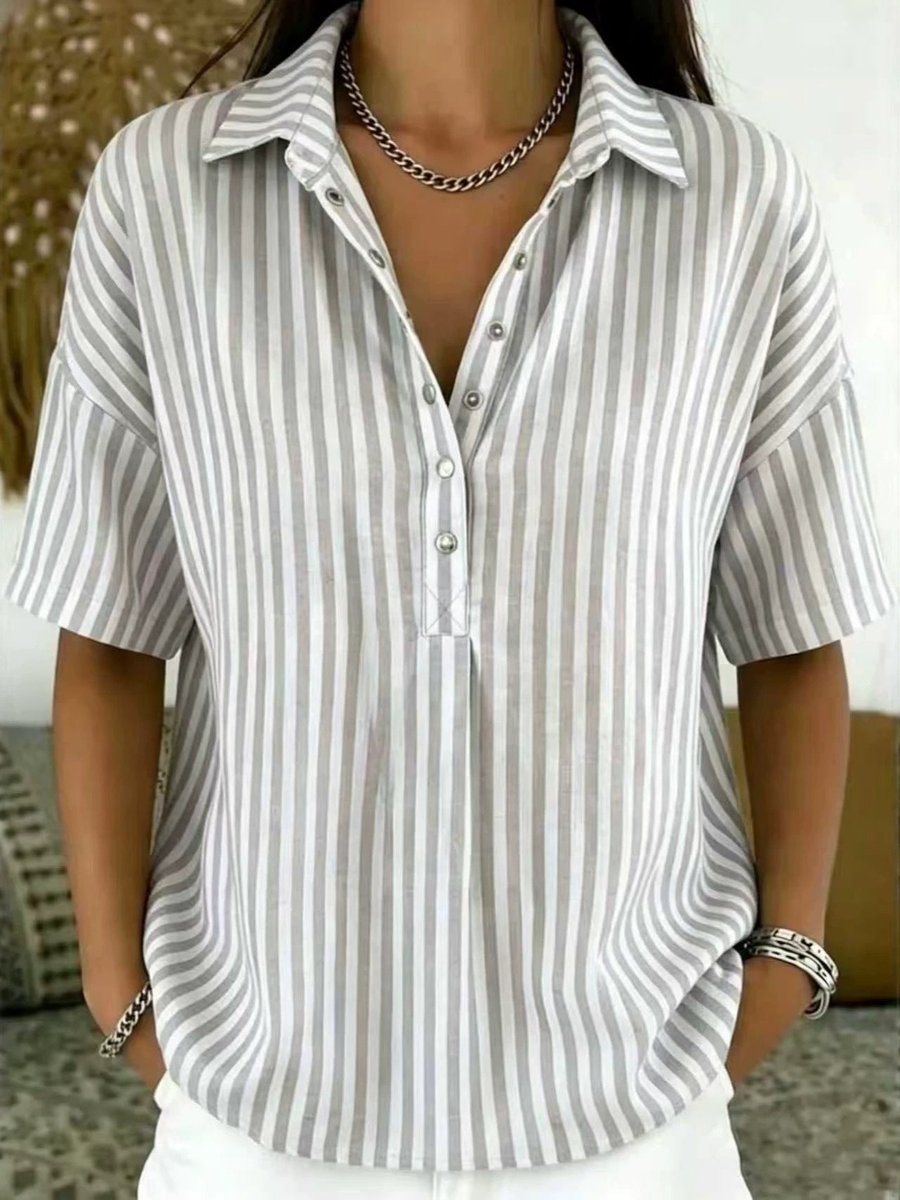 Women's Collared Short Sleeve Striped Loose Shirt