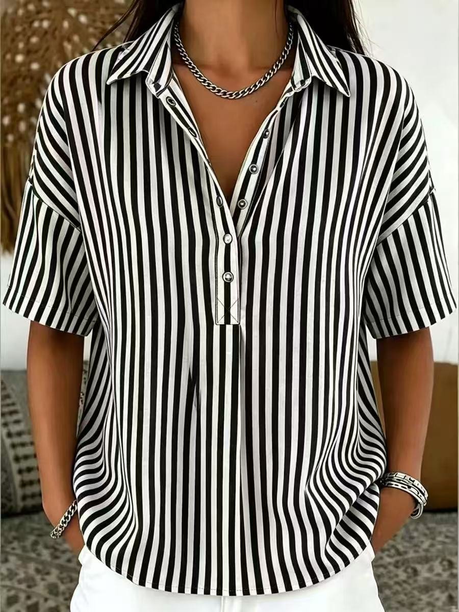 Women's Collared Short Sleeve Striped Loose Shirt