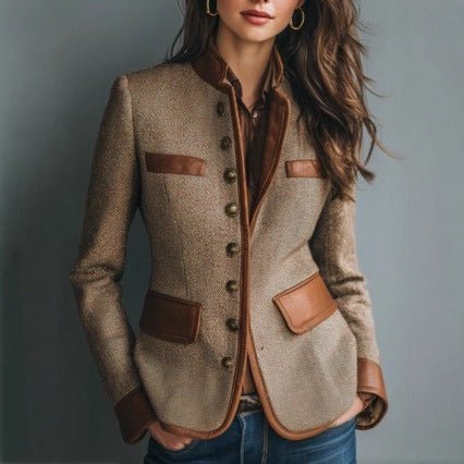 Women's Button-Up Tailored Tweed Blazer with Faux-Leather Trim