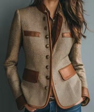 Women's Button-Up Tailored Tweed Blazer with Faux-Leather Trim
