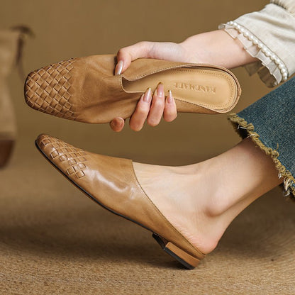 Square-Toe Low-Block-Heel Woven Leather Mules for Women