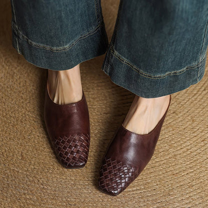 Square-Toe Low-Block-Heel Woven Leather Mules for Women