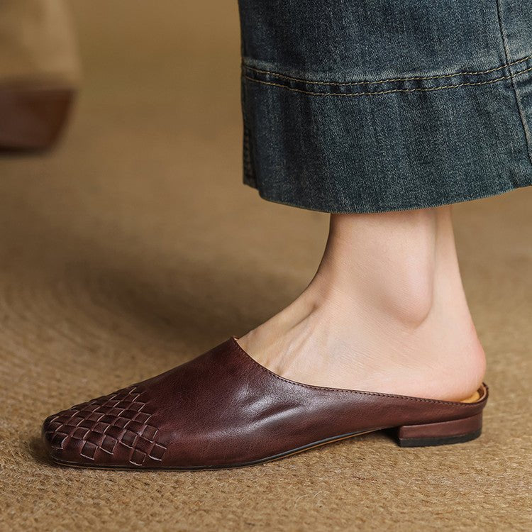 Square-Toe Low-Block-Heel Woven Leather Mules for Women