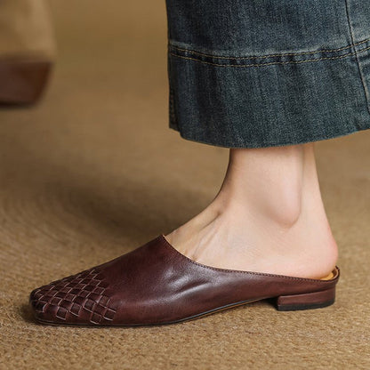 Square-Toe Low-Block-Heel Woven Leather Mules for Women