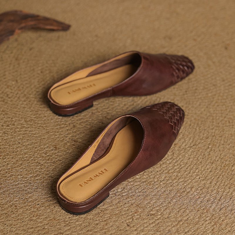 Square-Toe Low-Block-Heel Woven Leather Mules for Women