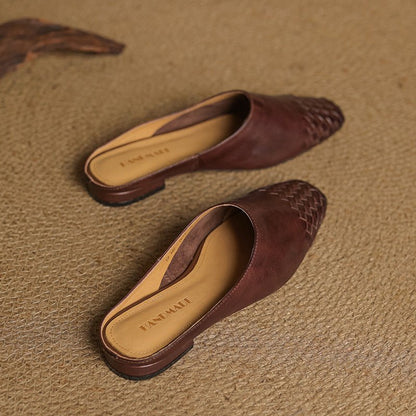 Square-Toe Low-Block-Heel Woven Leather Mules for Women