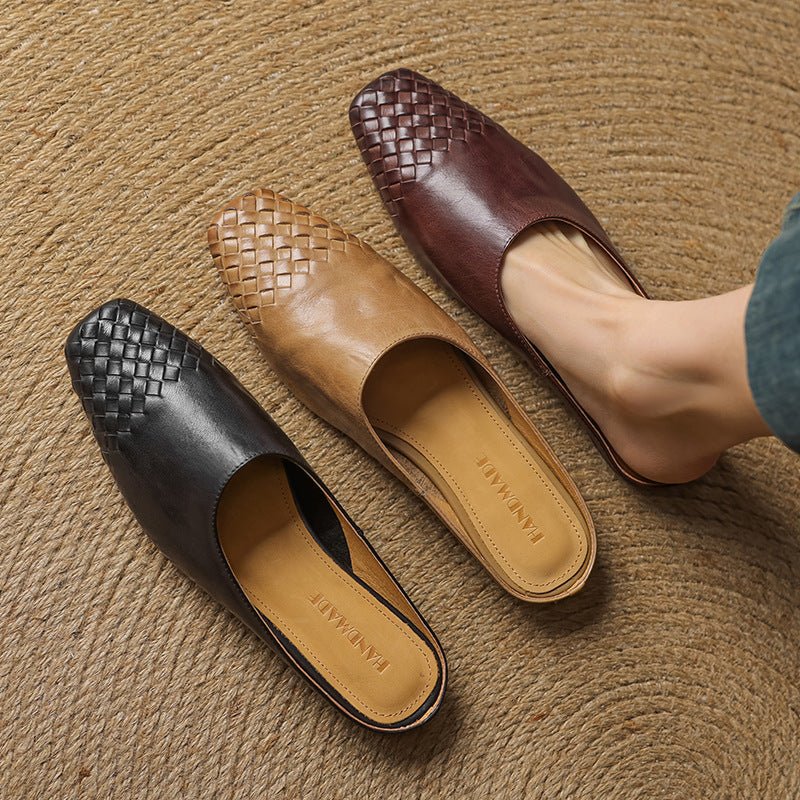 Square-Toe Low-Block-Heel Woven Leather Mules for Women