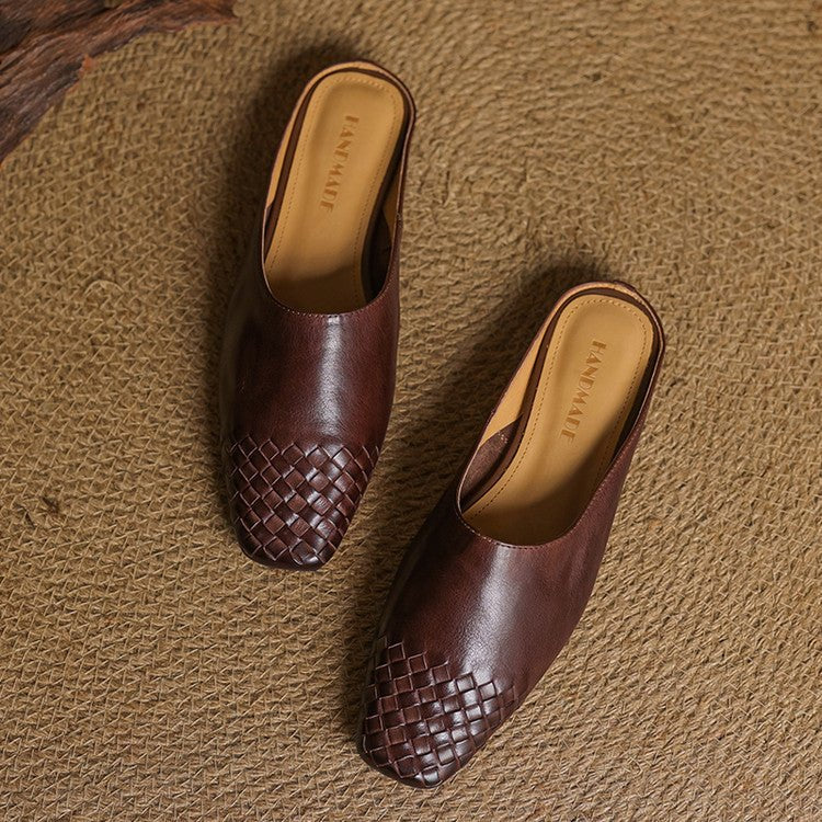 Square-Toe Low-Block-Heel Woven Leather Mules for Women