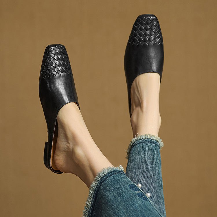 Square-Toe Low-Block-Heel Woven Leather Mules for Women