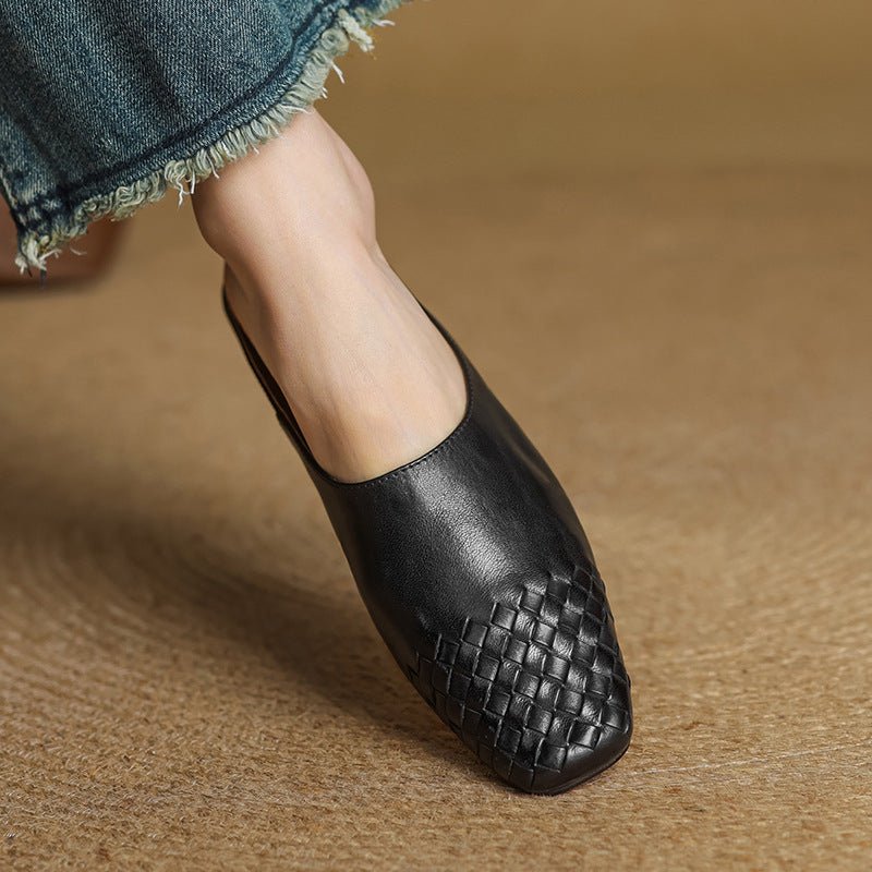 Square-Toe Low-Block-Heel Woven Leather Mules for Women
