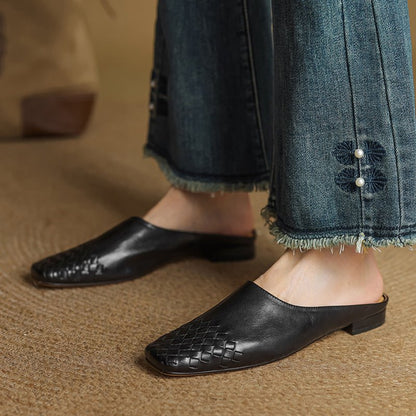 Square-Toe Low-Block-Heel Woven Leather Mules for Women