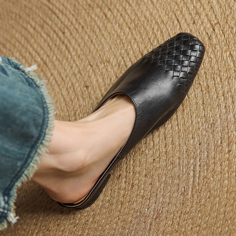 Square-Toe Low-Block-Heel Woven Leather Mules for Women
