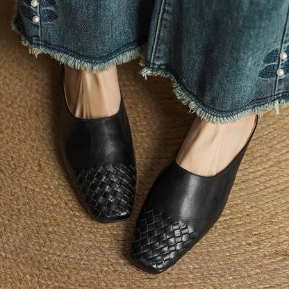 Square-Toe Low-Block-Heel Woven Leather Mules for Women