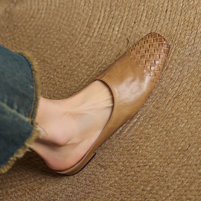 Square-Toe Low-Block-Heel Woven Leather Mules for Women