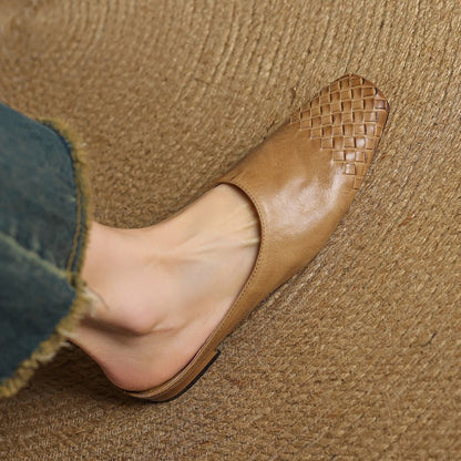 Square-Toe Low-Block-Heel Woven Leather Mules for Women
