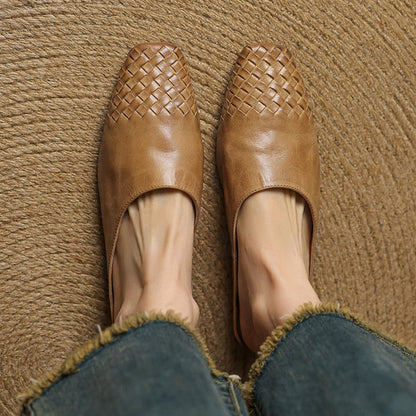 Square-Toe Low-Block-Heel Woven Leather Mules for Women