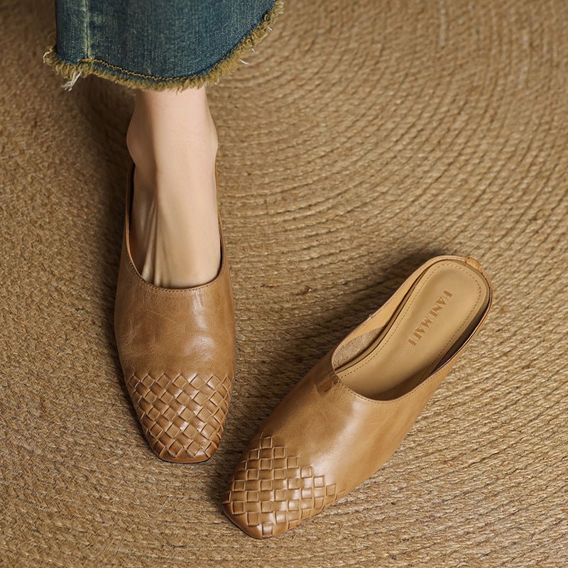 Square-Toe Low-Block-Heel Woven Leather Mules for Women