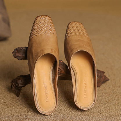 Square-Toe Low-Block-Heel Woven Leather Mules for Women