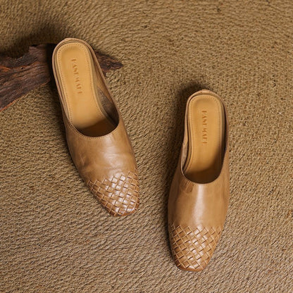 Square-Toe Low-Block-Heel Woven Leather Mules for Women