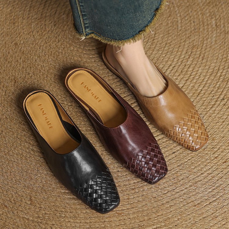 Square-Toe Low-Block-Heel Woven Leather Mules for Women
