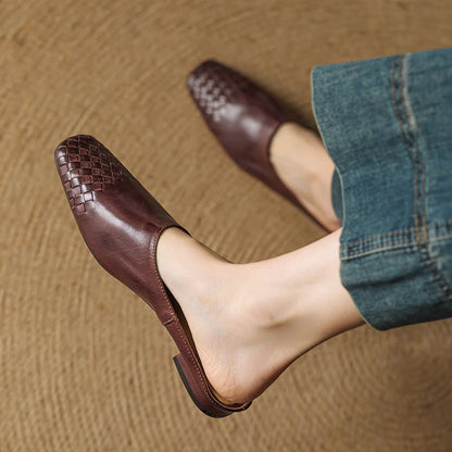 Square-Toe Low-Block-Heel Woven Leather Mules for Women