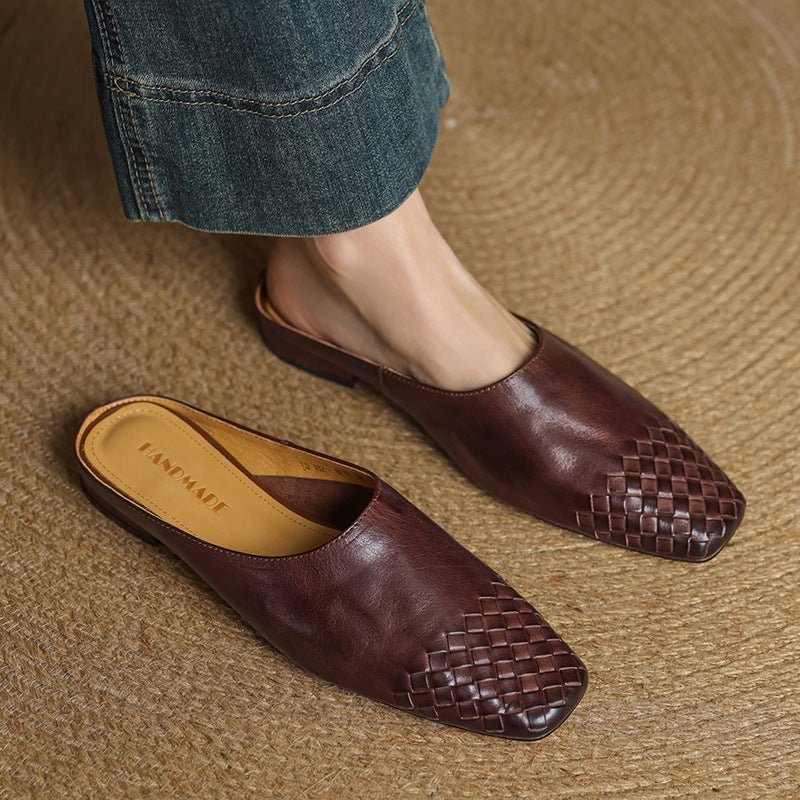 Square-Toe Low-Block-Heel Woven Leather Mules for Women