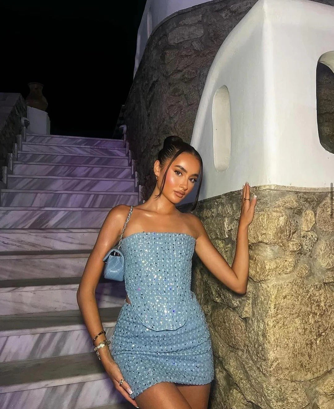 Sequin Denim Bandeau Top and Mini Skirt Matching Set for Women