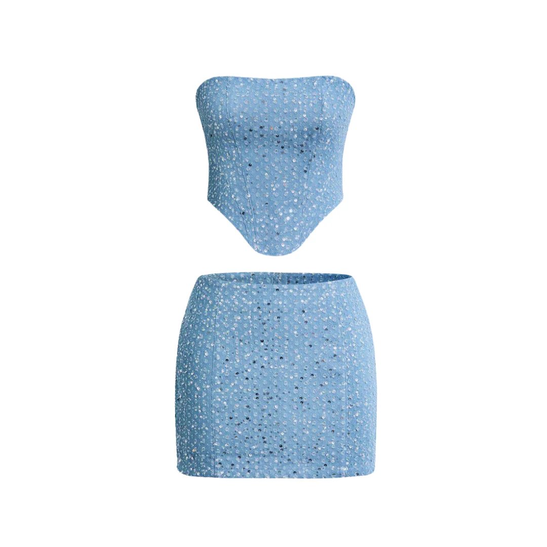 Sequin Denim Bandeau Top and Mini Skirt Matching Set for Women