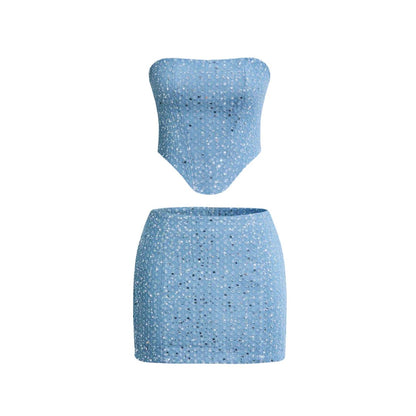 Sequin Denim Bandeau Top and Mini Skirt Matching Set for Women
