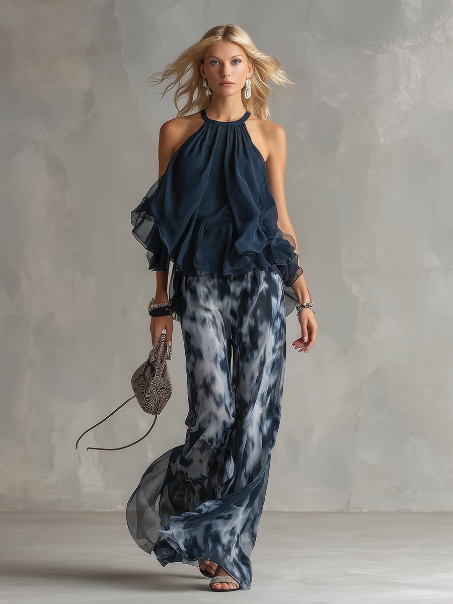 Women's Halter-Neck Ruffle Top and Wide-Leg Pants Two-Piece Set
