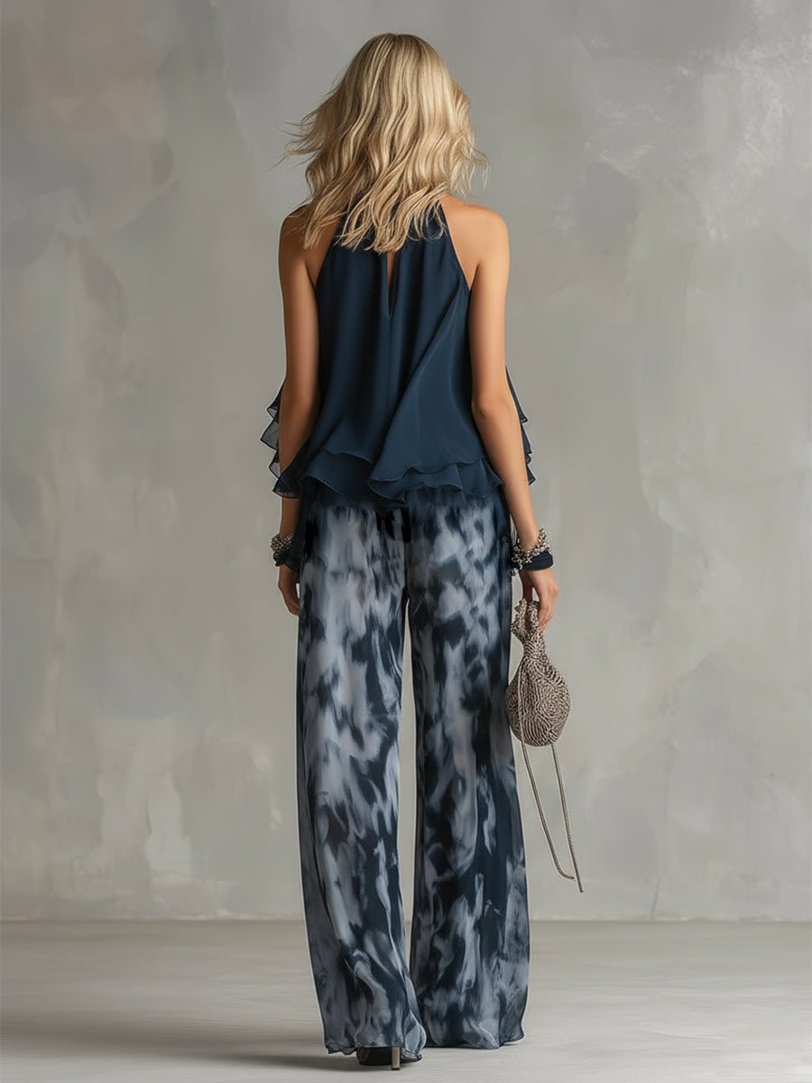 Women's Halter-Neck Ruffle Top and Wide-Leg Pants Two-Piece Set