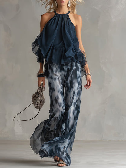 Two-Piece Chiffon Halter Top and Wide-Leg Pants Set for Women