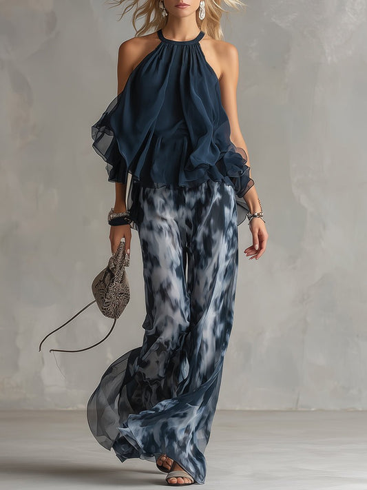 Two-Piece Chiffon Halter Top and Wide-Leg Pants Set for Women