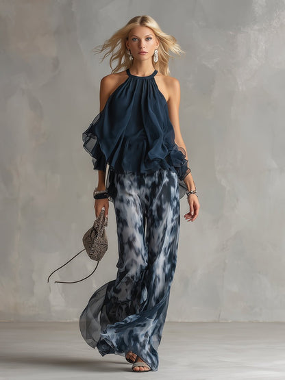 Two-Piece Chiffon Halter Top and Wide-Leg Pants Set for Women