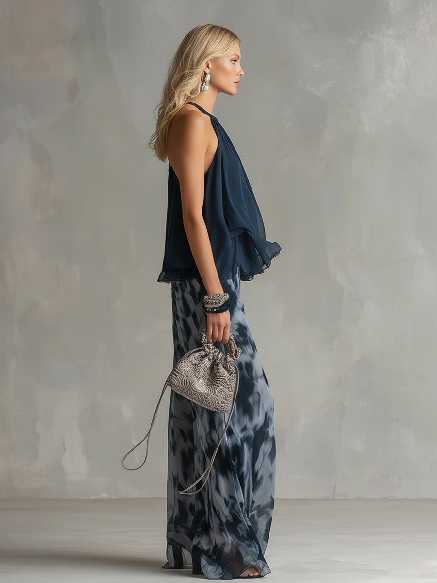 Two-Piece Chiffon Halter Top and Wide-Leg Pants Set for Women