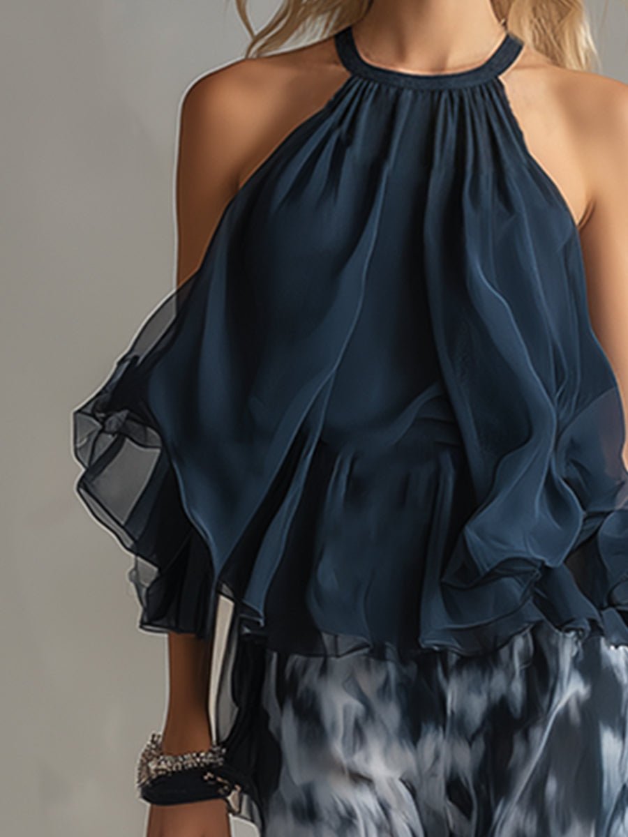 Two-Piece Chiffon Halter Top and Wide-Leg Pants Set for Women