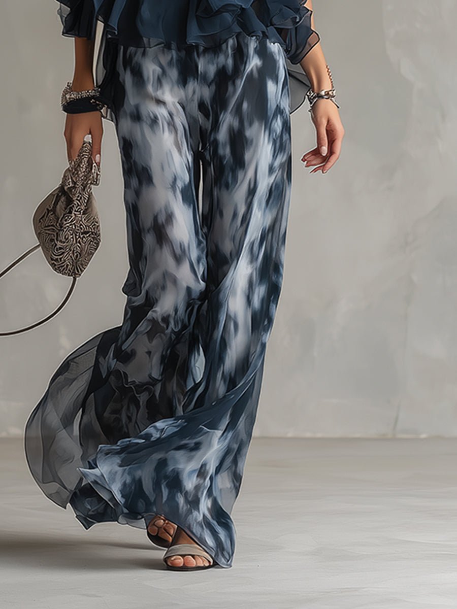 Two-Piece Chiffon Halter Top and Wide-Leg Pants Set for Women