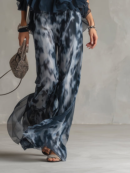 Two-Piece Chiffon Halter Top and Wide-Leg Pants Set for Women