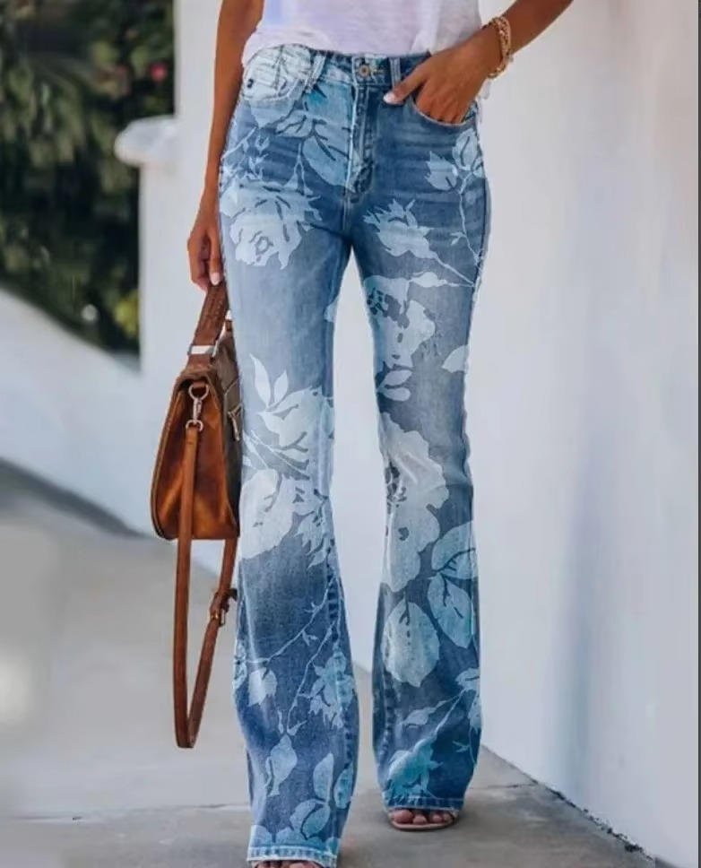 Floral Print High-Rise Flare Jeans for Women