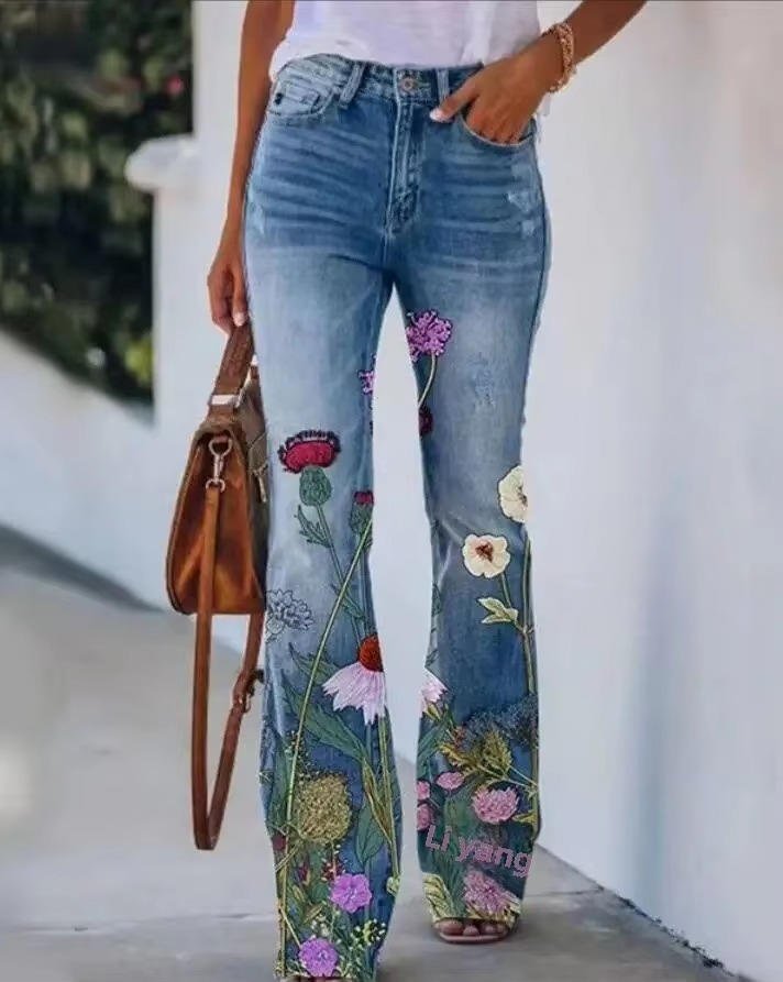 Floral Print High-Rise Flare Jeans for Women
