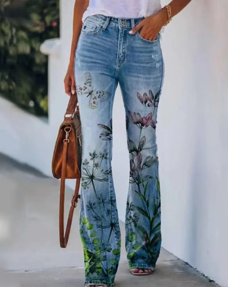 Floral Print High-Rise Flare Jeans for Women