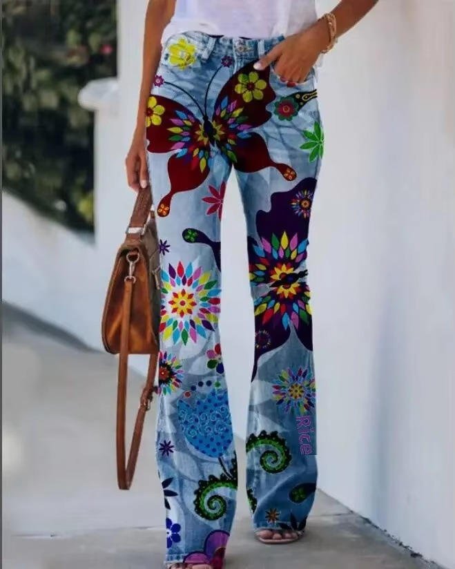 Floral Print High-Rise Flare Jeans for Women