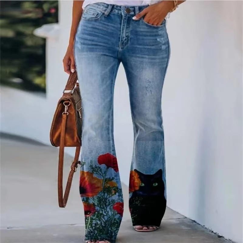 Floral Print High-Rise Flare Jeans for Women