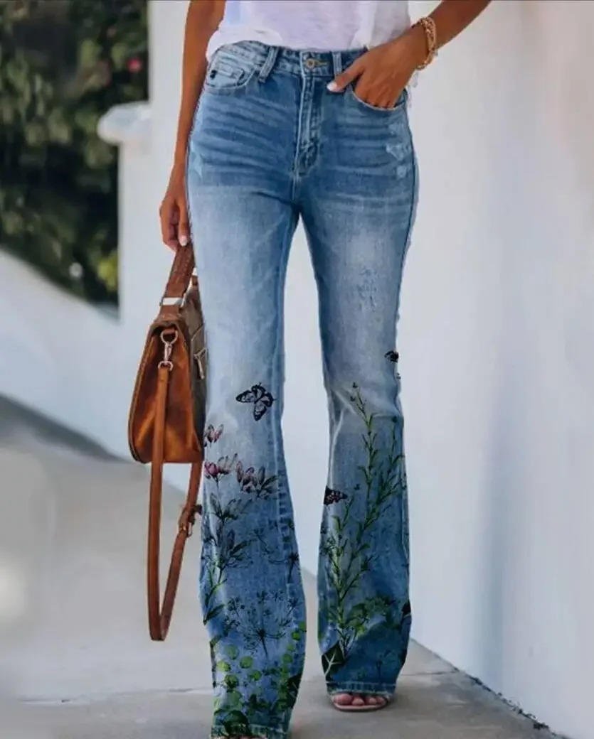 Floral Print High-Rise Flare Jeans for Women