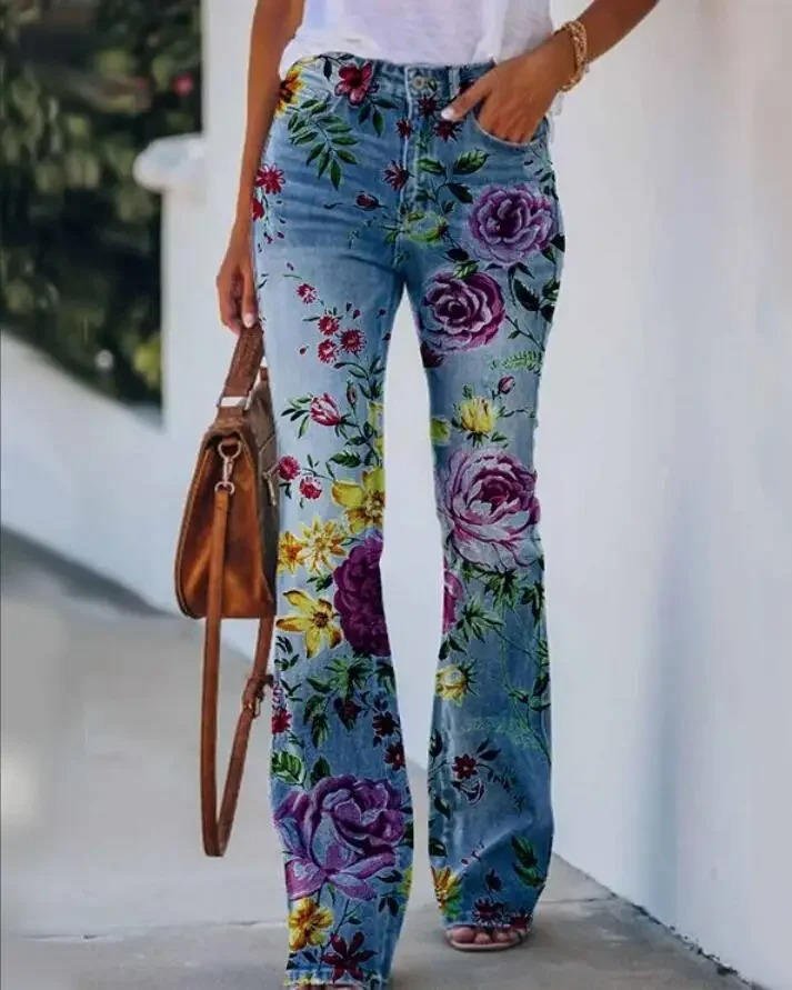 Floral Print High-Rise Flare Jeans for Women