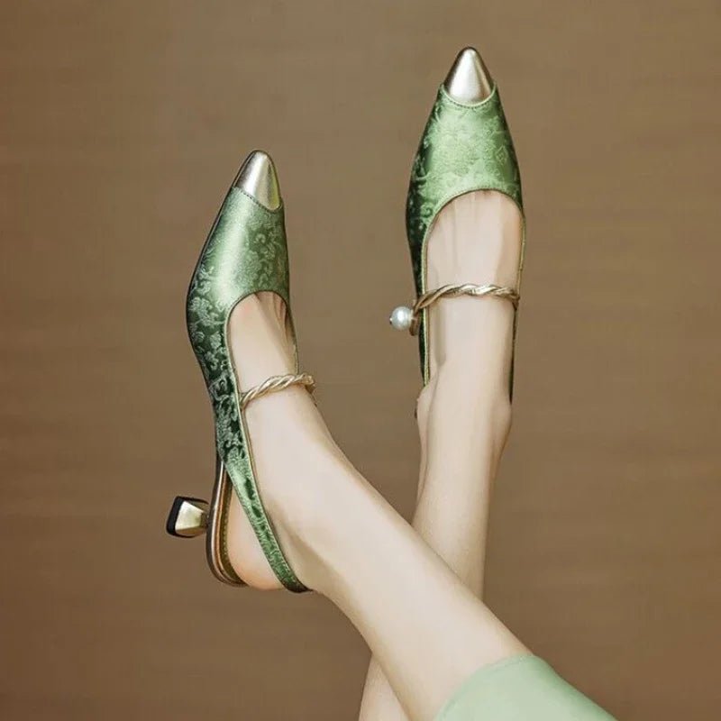 Women's Jacquard Kitten-Heel Slingback Pumps with Twisted Pearl Strap