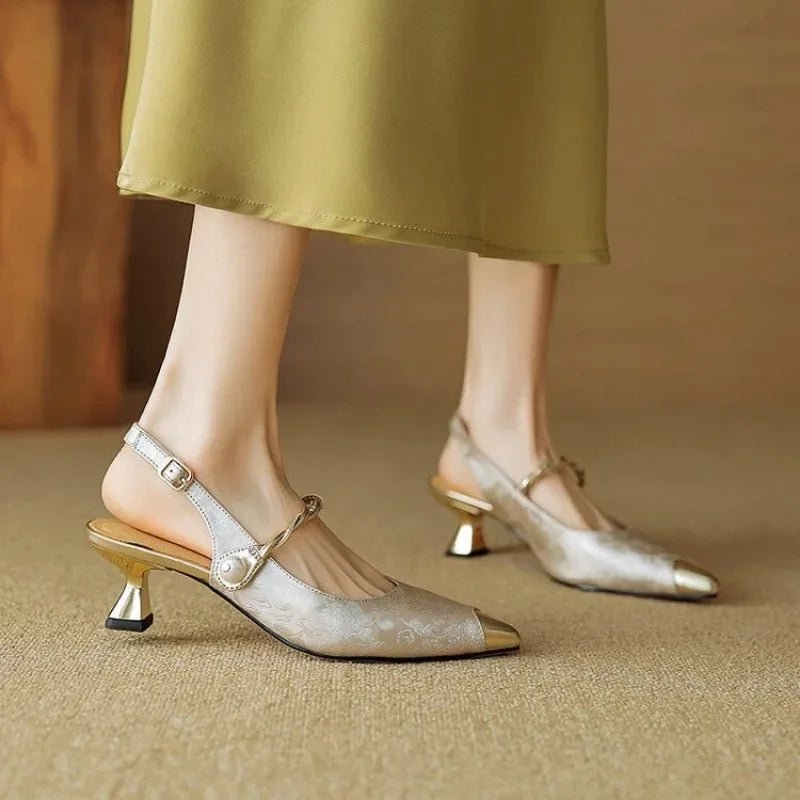 Women's Jacquard Kitten-Heel Slingback Pumps with Twisted Pearl Strap